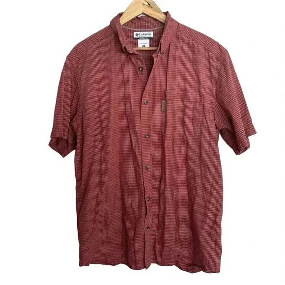 Columbia Other - Rust Red Micro Plaid Cotton Button Down Columbia Short Sleeve Shirt Men’s Large